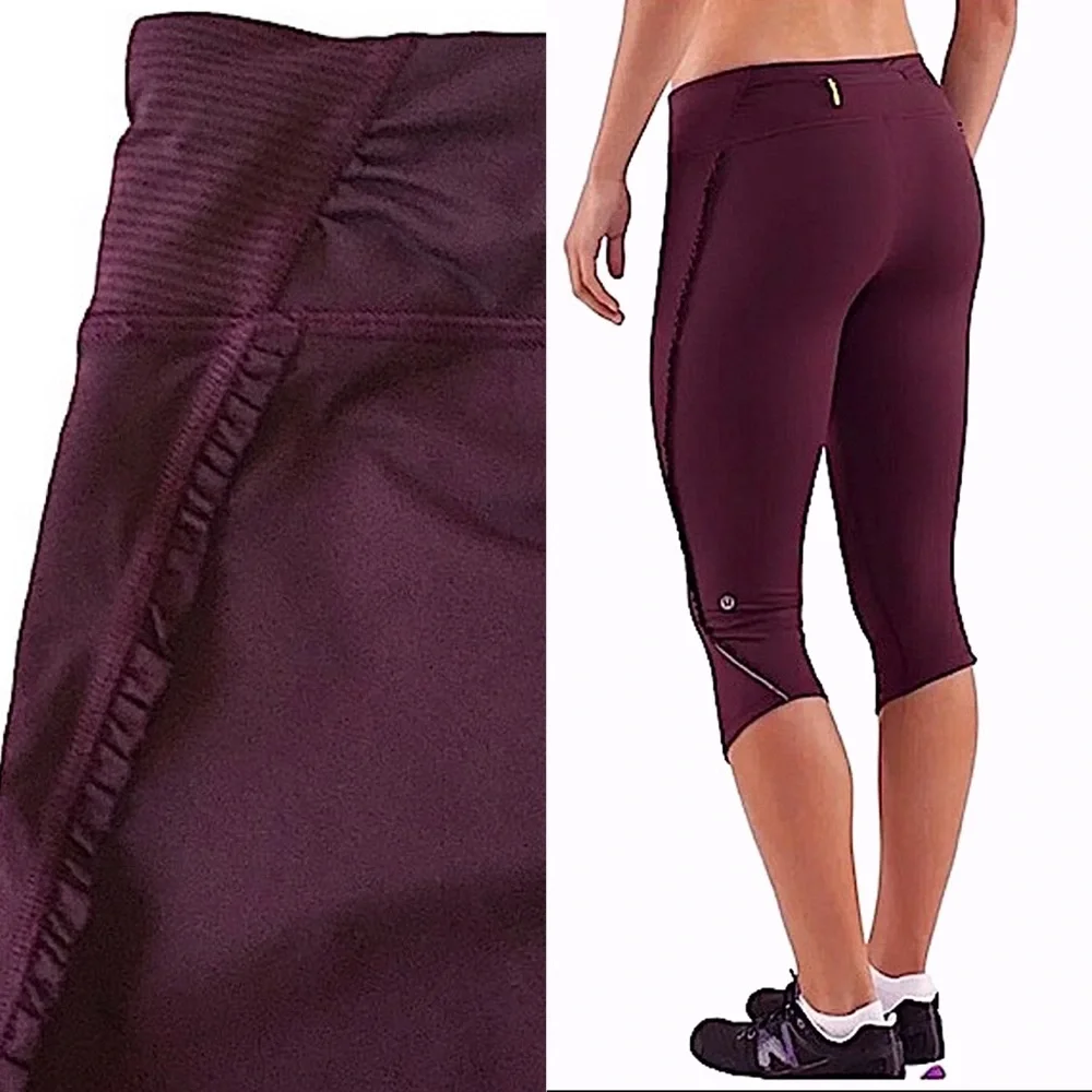 - Lululemon Sz 8 Tonka Ruffle Bordeaux Run Fast Free Crop Pants! EUC!